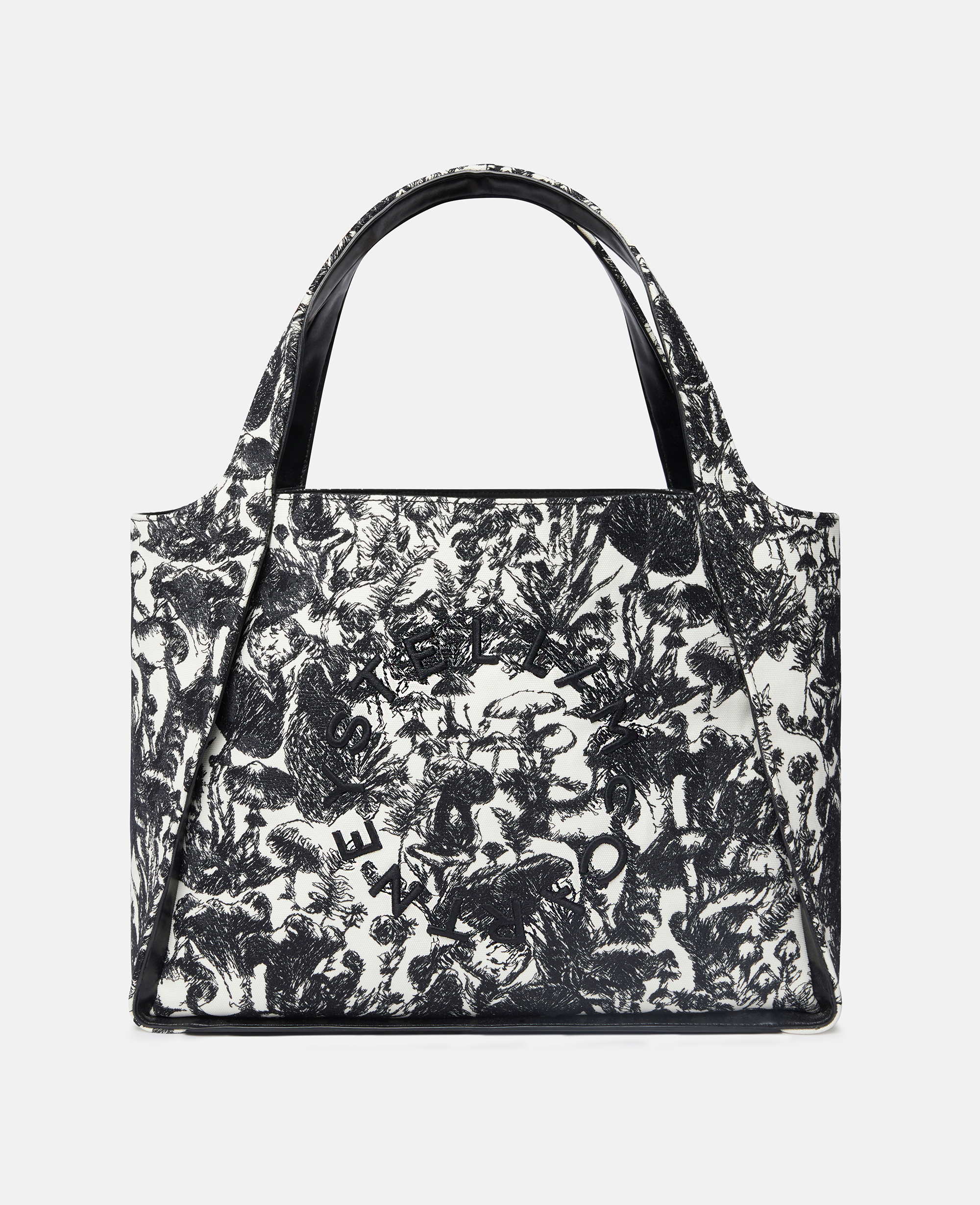 Stella Mccartney Logo Fungi Forest Toile De Jouy Tote Bag In Black/white