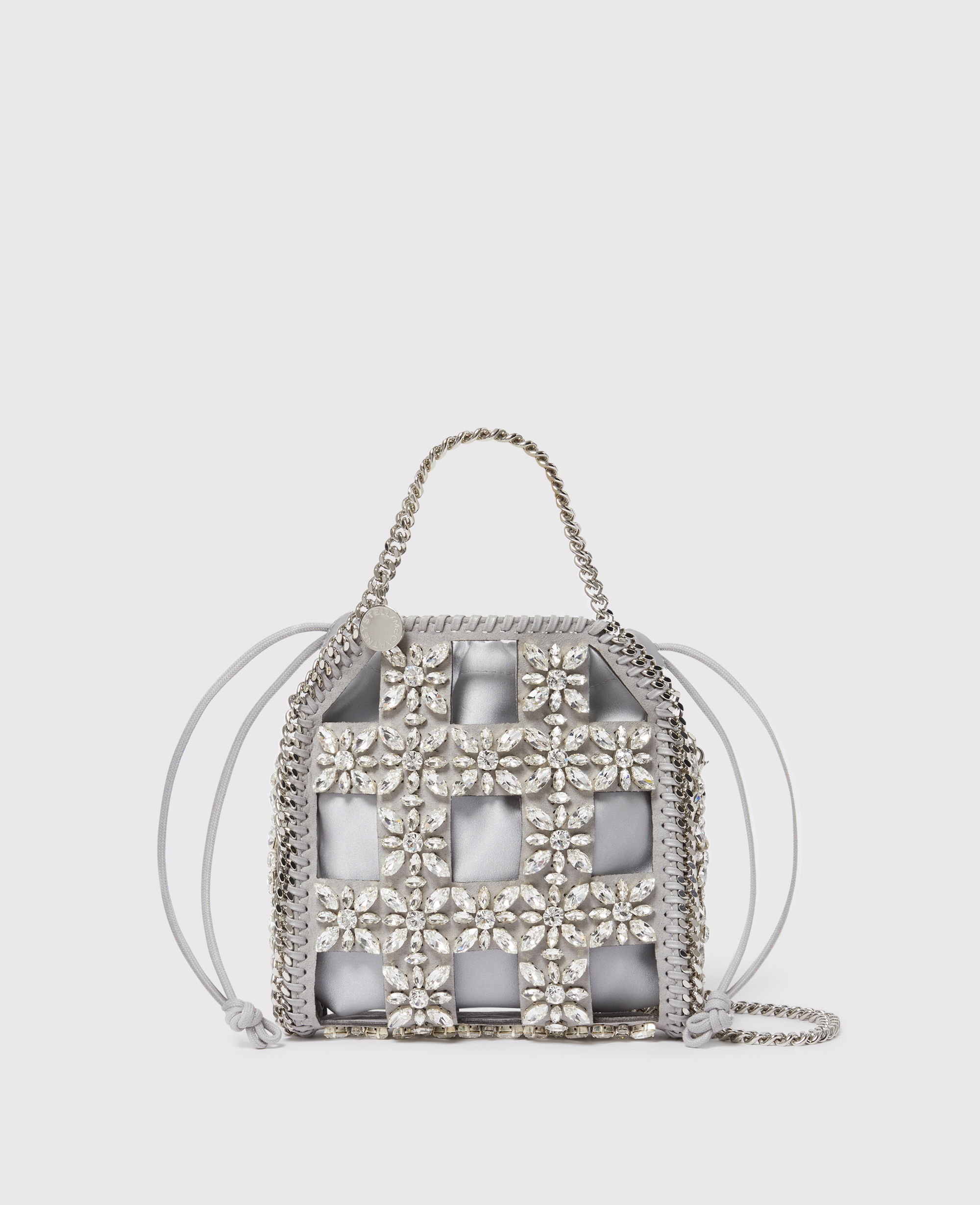 Stella Mccartney Falabella Tiny Crystal Cage Tote Bag In Silver