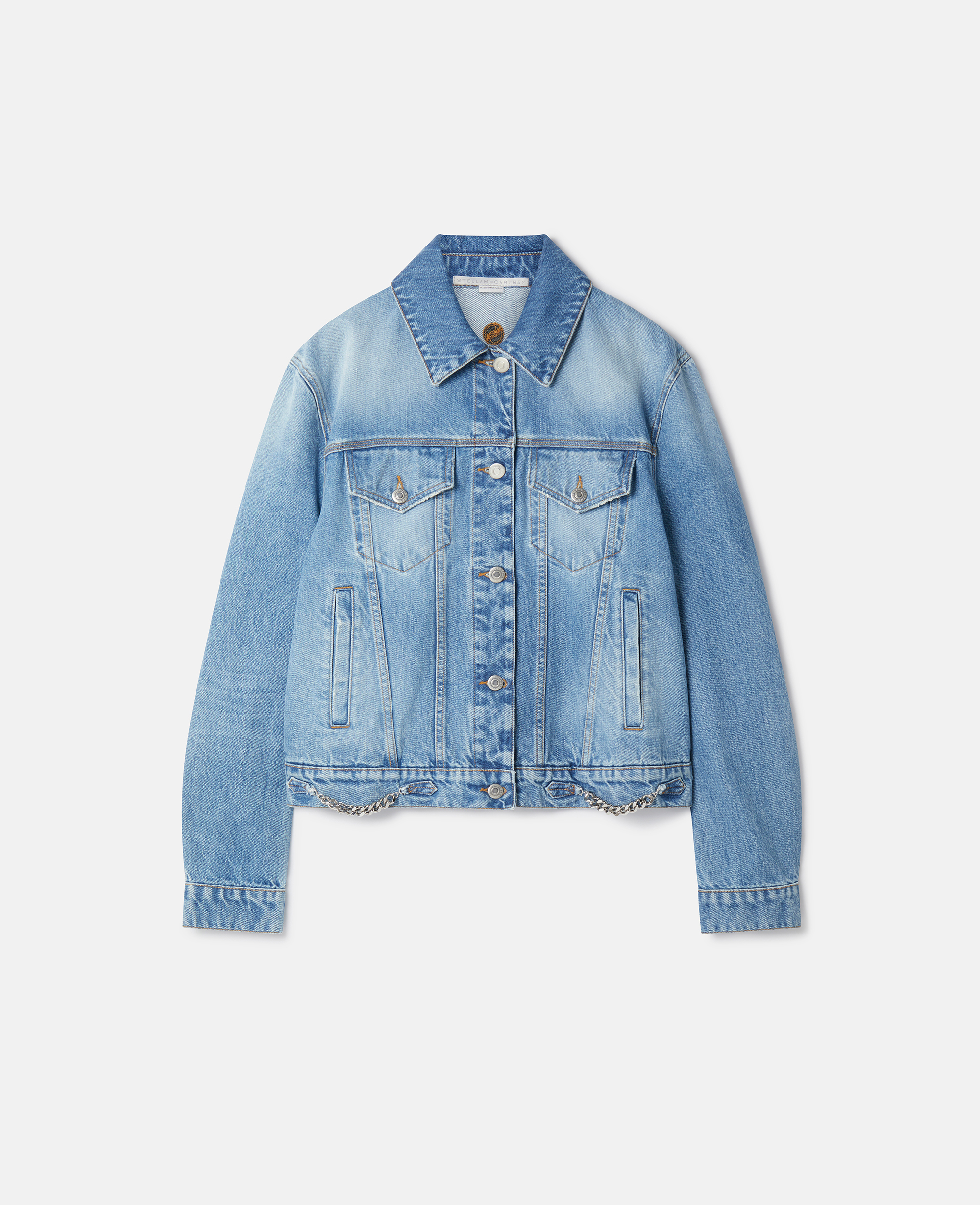 Shop Stella Mccartney Falabella Chain Light Wash Denim Jacket In Mid Blue