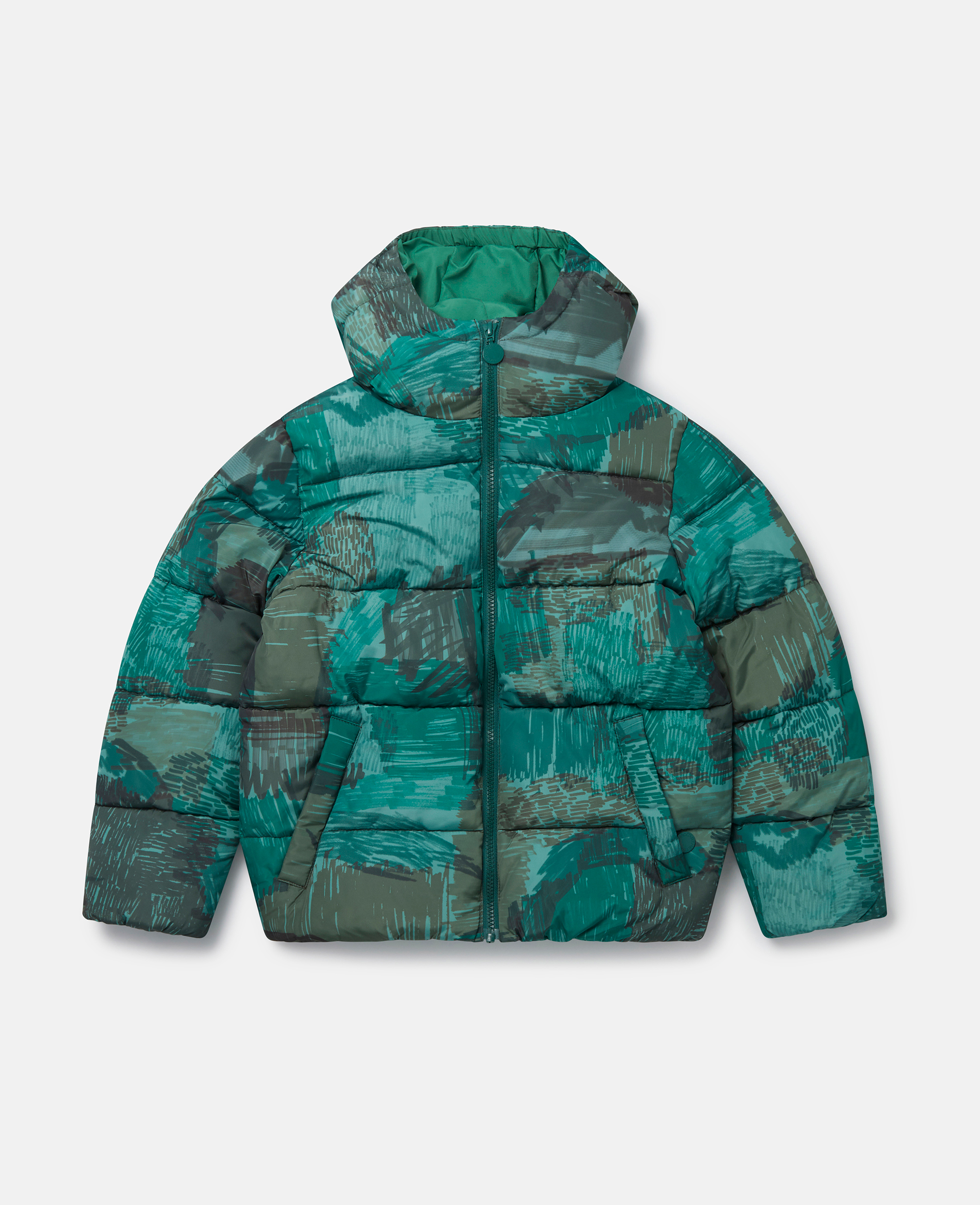 Stella Mccartney Scribble Print Hooded Puffer Coat In Green