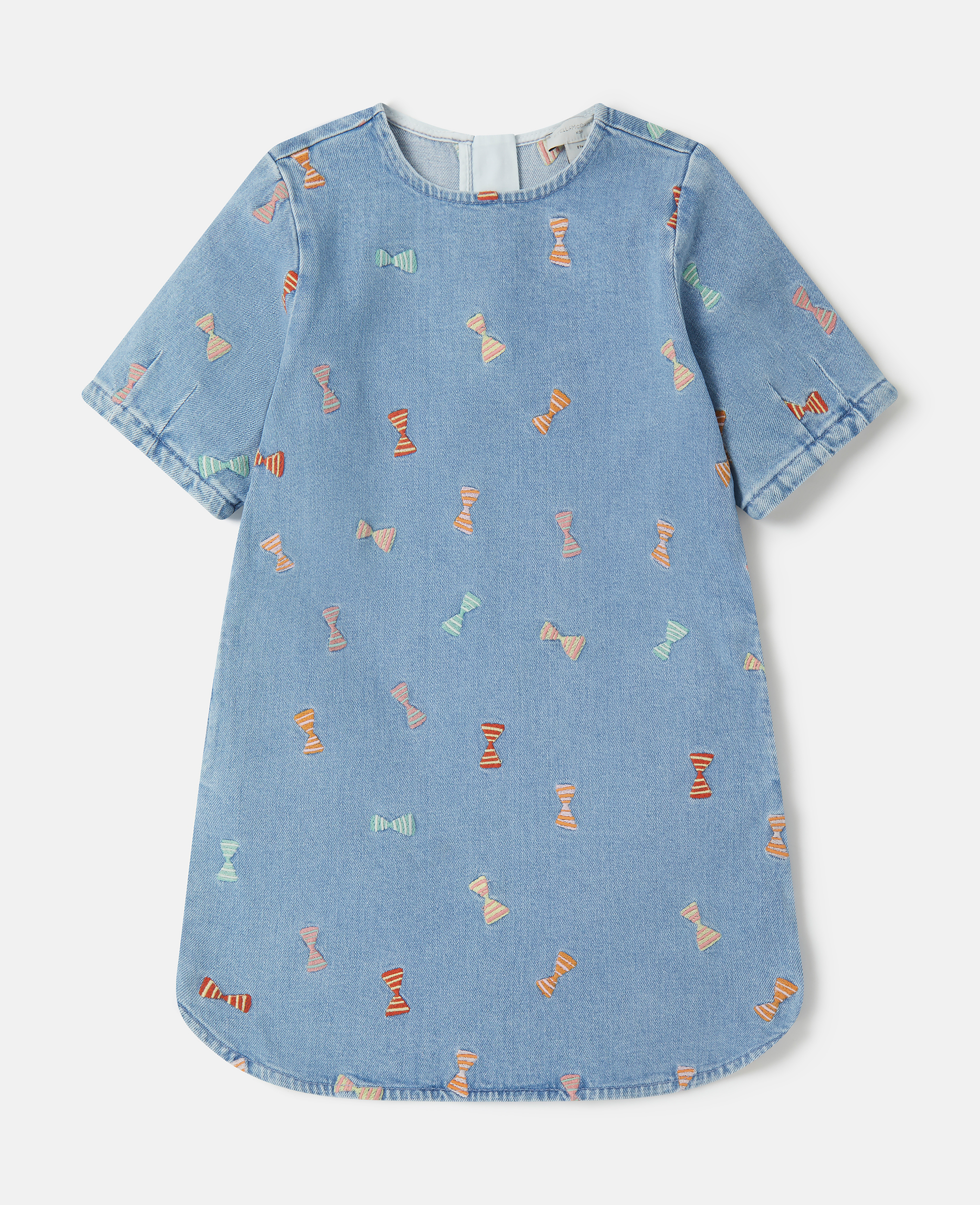 Stella Mccartney Kids' Striped Bow Embroidery Denim Dress In Blue