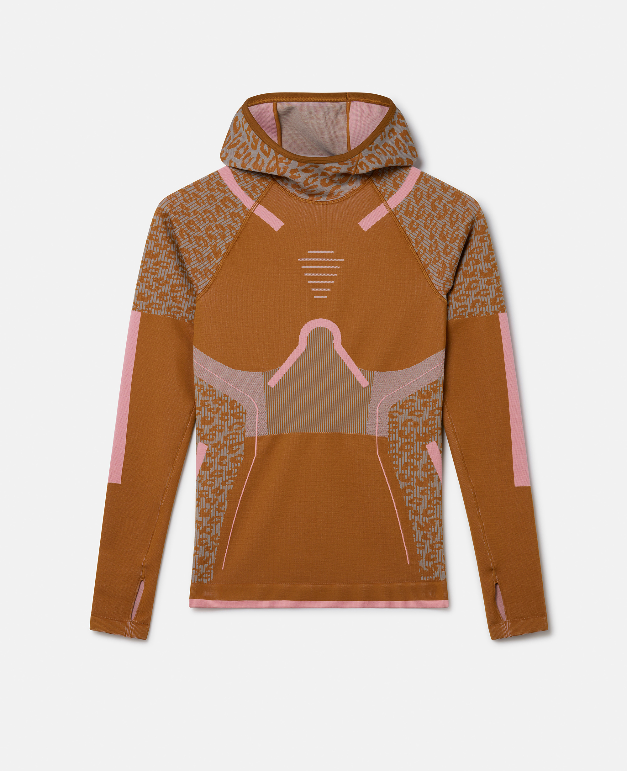 Stella Mccartney Truestrength Seamless Hooded Long Sleeve Yoga Top In Dark Caramel/dove Grey/semi Pink Glow