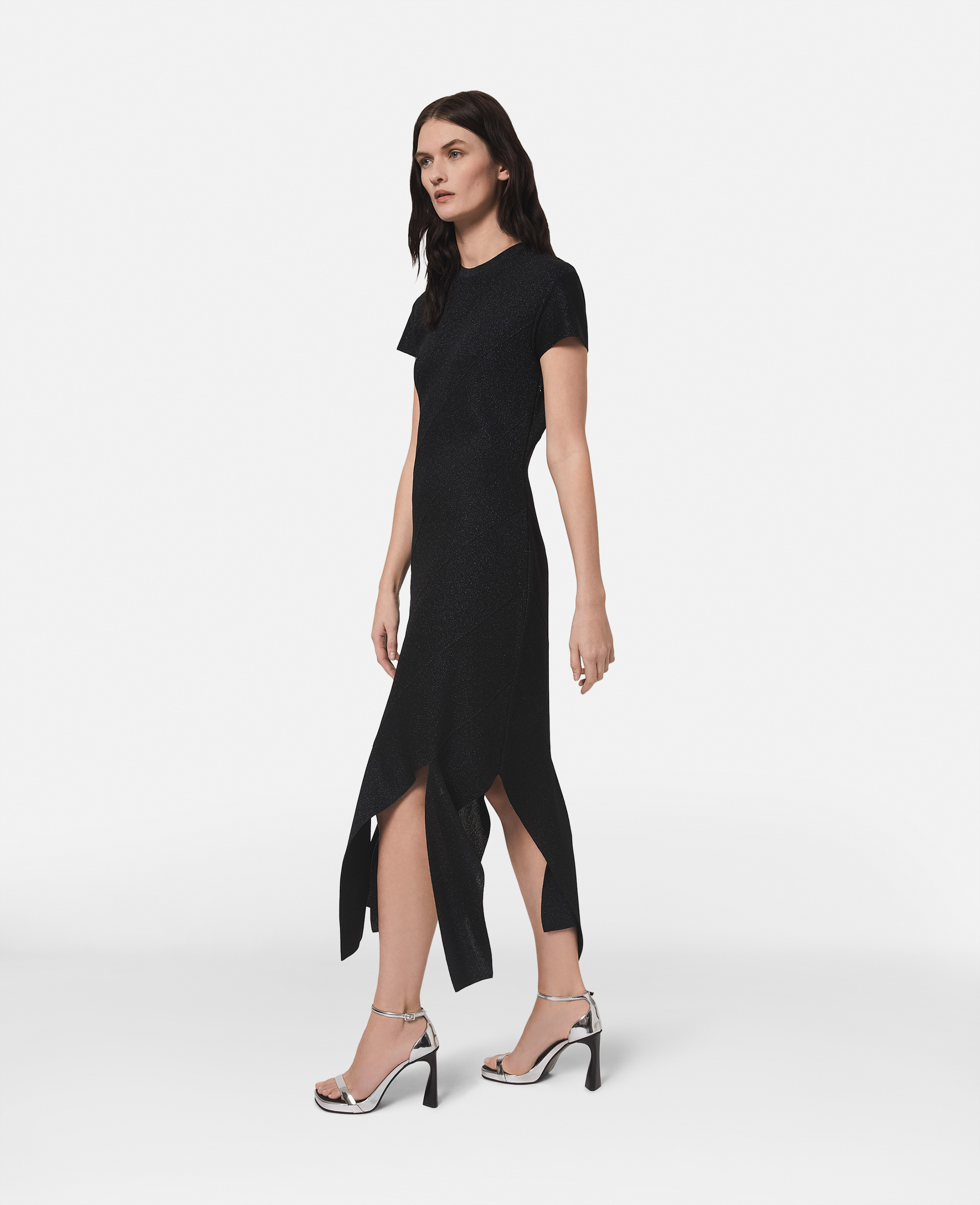 stella mccartney - lurex rib knit midi dress, woman, black/navy, size: xl