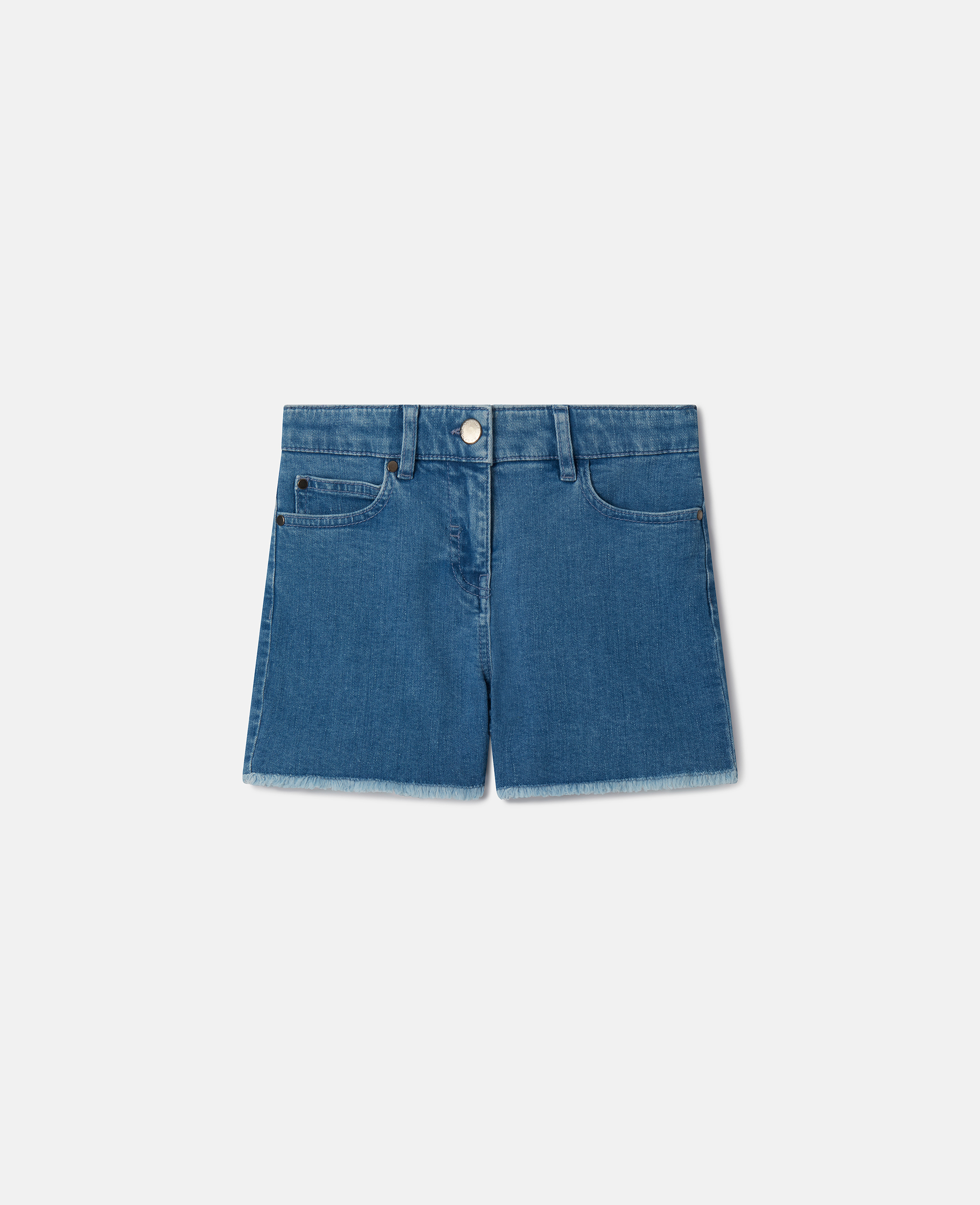 Shop Stella Mccartney Fringed-heart Patch Stretch-denim Shorts In Blue