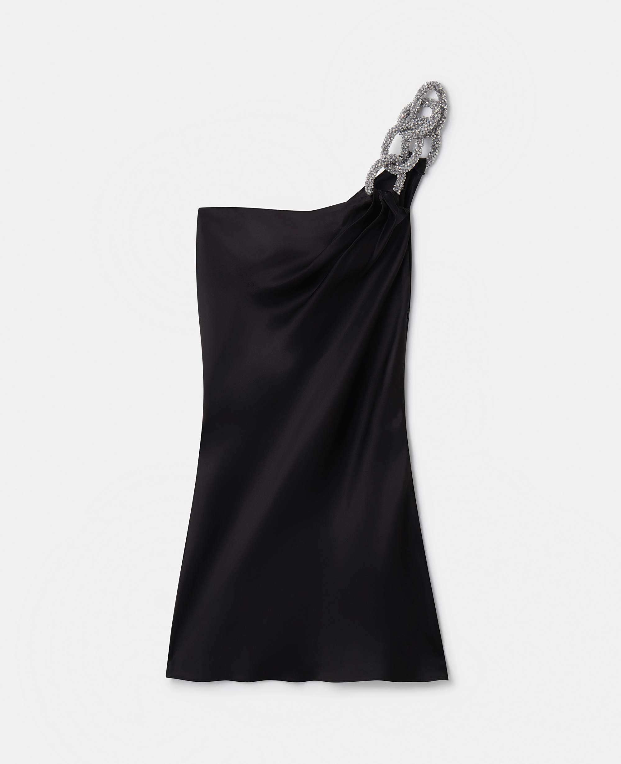 Stella Mccartney Falabella Crystal Chain Double Satin One-shoulder Mini Dress In Black