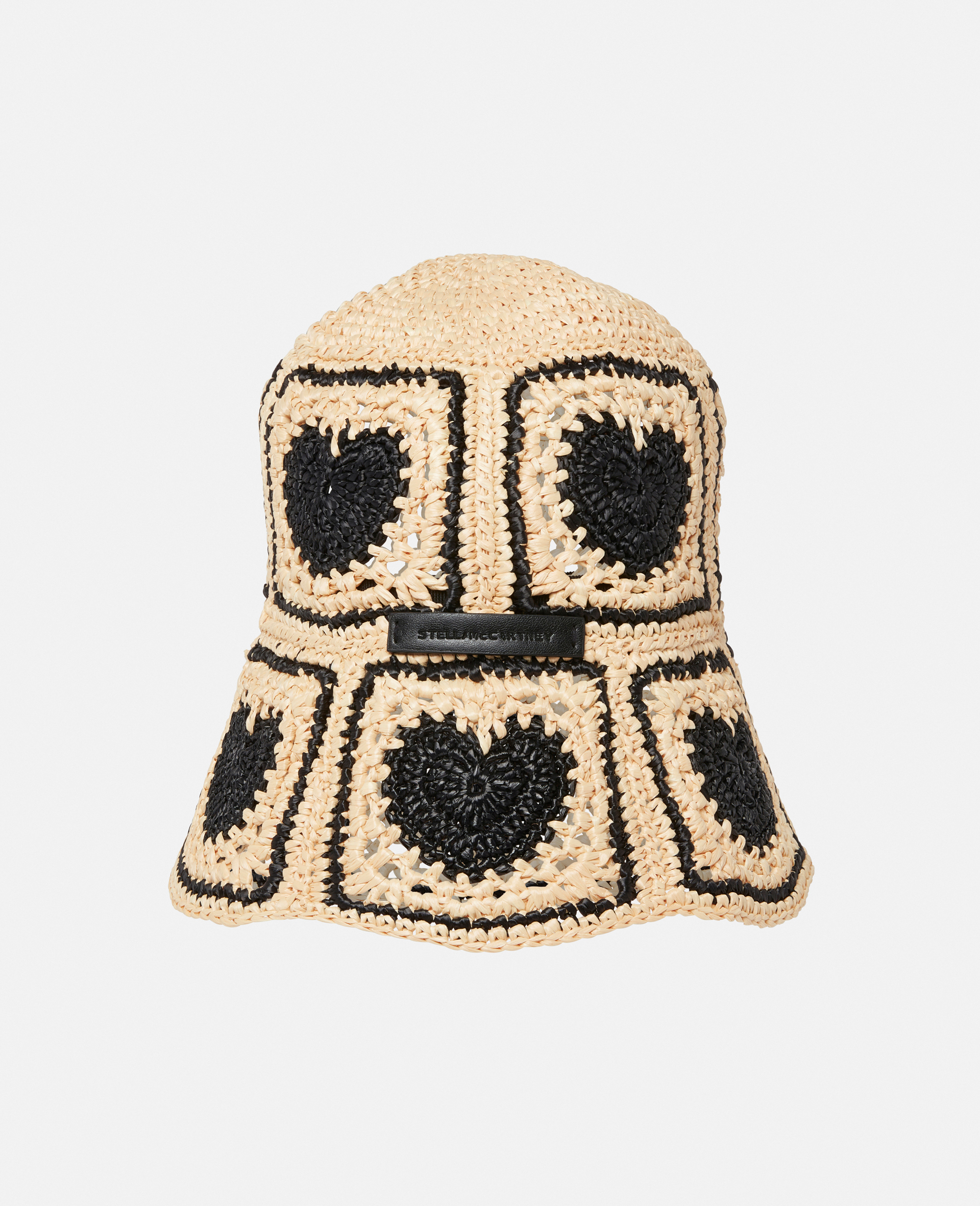 Stella Mccartney Heart Crochet Bucket Hat In Raffia/black