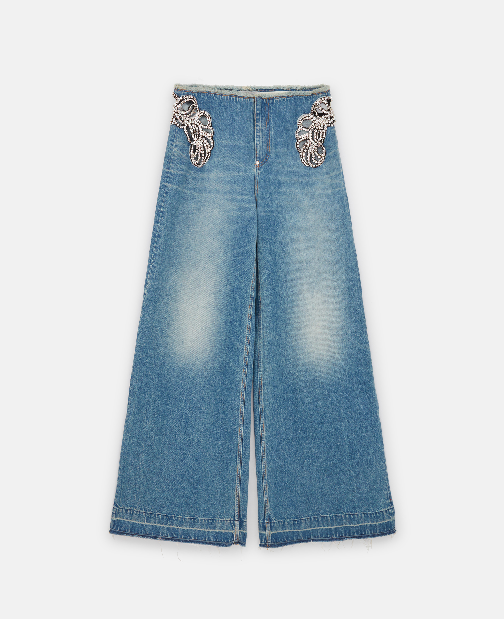 Shop Stella Mccartney Diamanté Swirl Mid-rise Wide Leg Jeans In Faded Wash Blue Denim