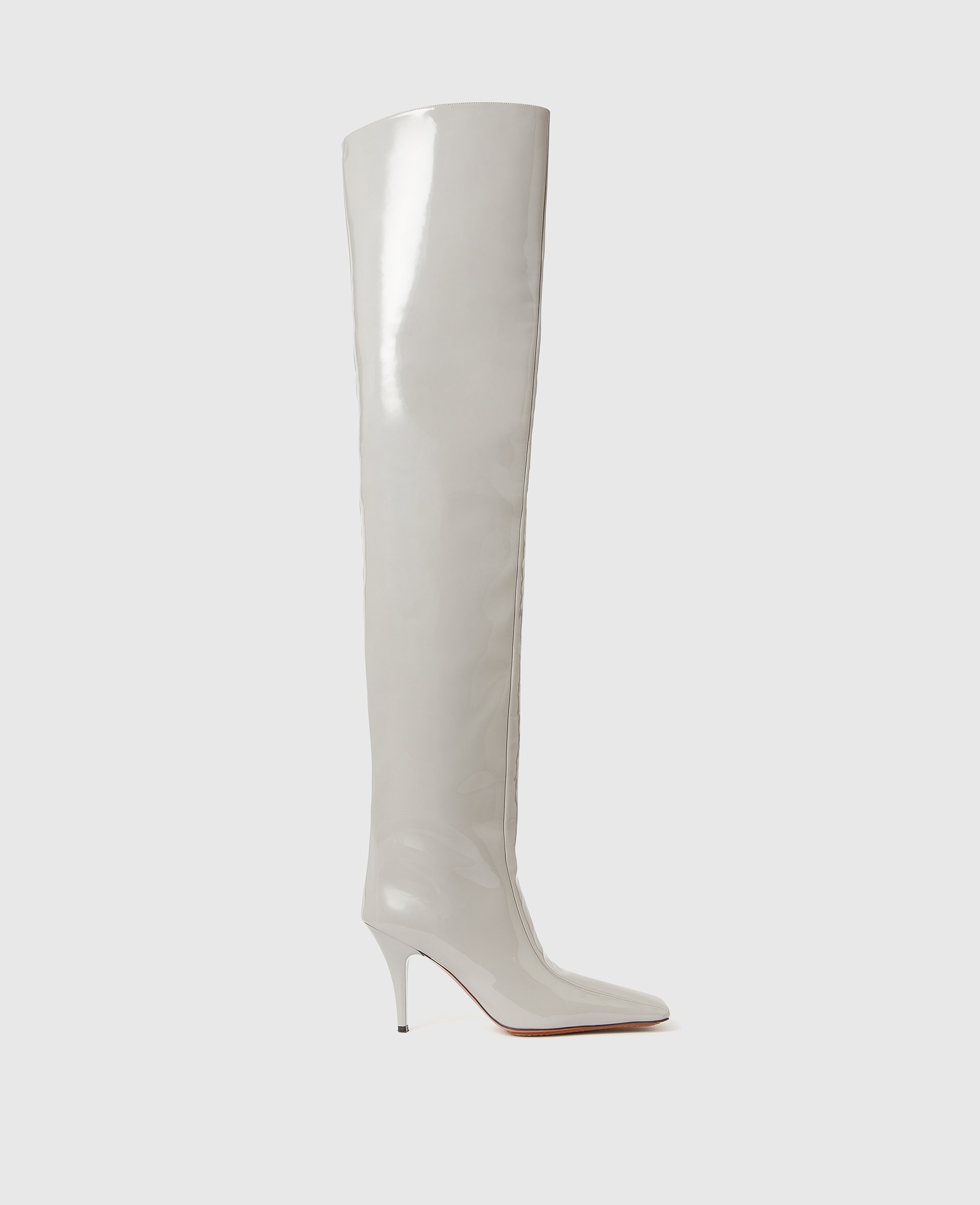 Stella McCartney - Overknee-Lackstiefel mit Stiletto-Absatz und eckiger Zehenpartie, Frau, Hellgrau, Größe: 38