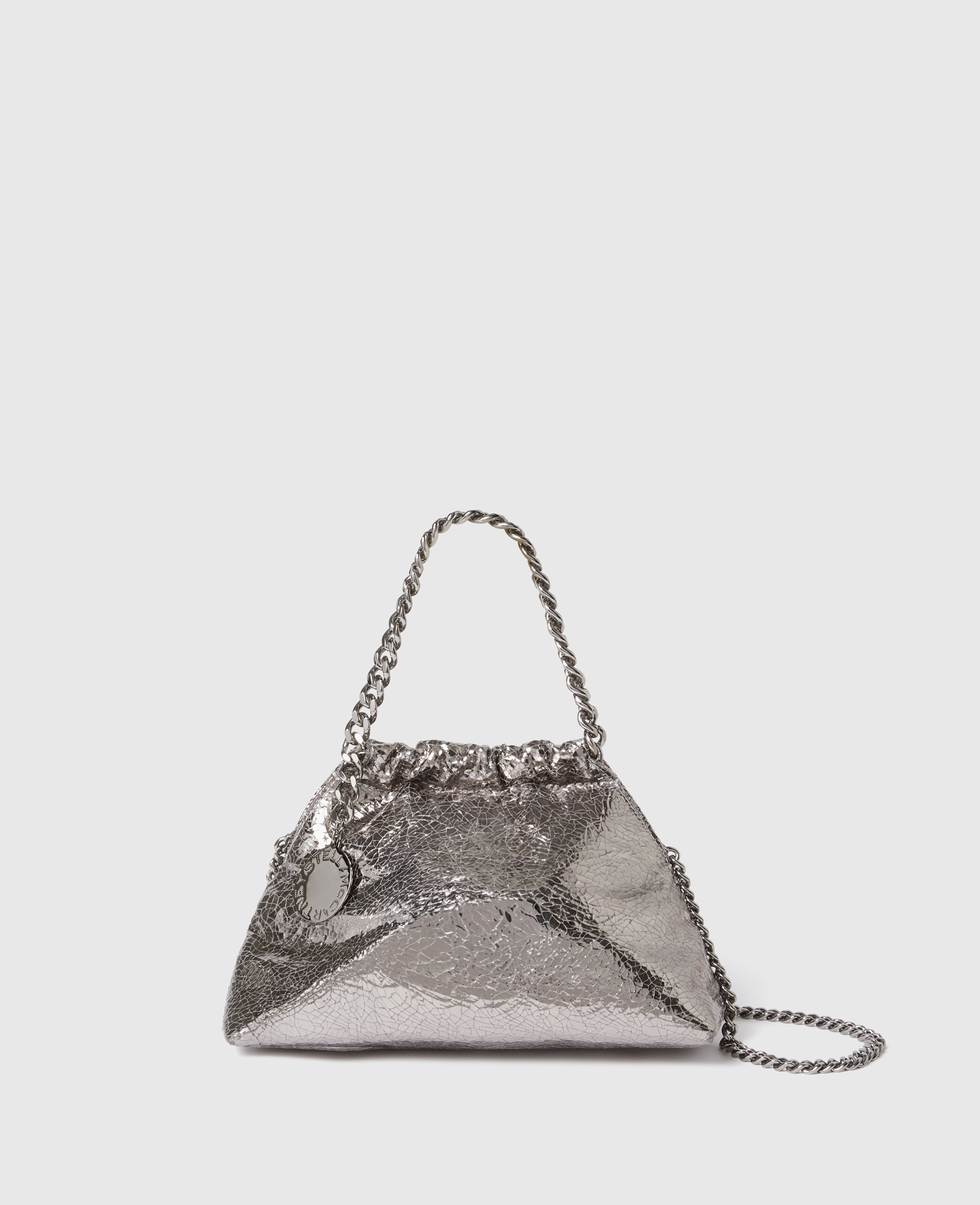 Stella Mccartney Falabella Cracked Metallic Drawstring Crossbody Bag In Gray